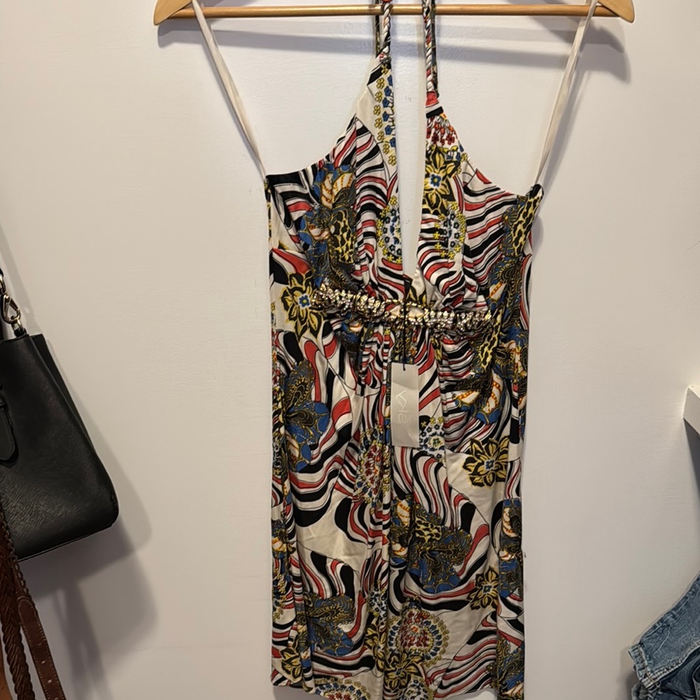Sky Brown and Green Halter Backless Sundress